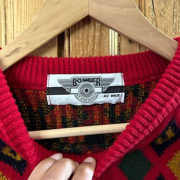 Vintage Bomber On Active Large Service Grandpa Sweater Knit Red Wool New Zealand - Picture 3 of 6